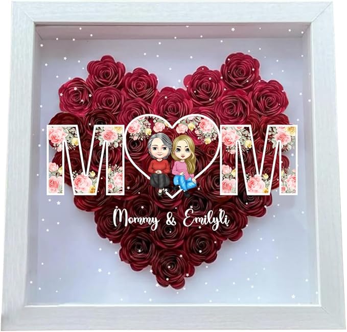 Personalized Mom Flower Shadow Box Custom Heart Shaped Rose Flower Shadow Box Frame Mother's Day Mother and Daughter Portrait Shadowbox Memory Gifts for Mom from Daughter Christmas Birthday