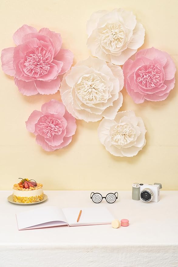 Crepe Paper Flowers Decoration for Wall, Flowers for Wedding Decor,Flower Backdrop Decor,Baby Shower,Birthday Party,Photo Backdrop,Archway Decor, Nursery Wall Decor (White+Pink ;Set/6)