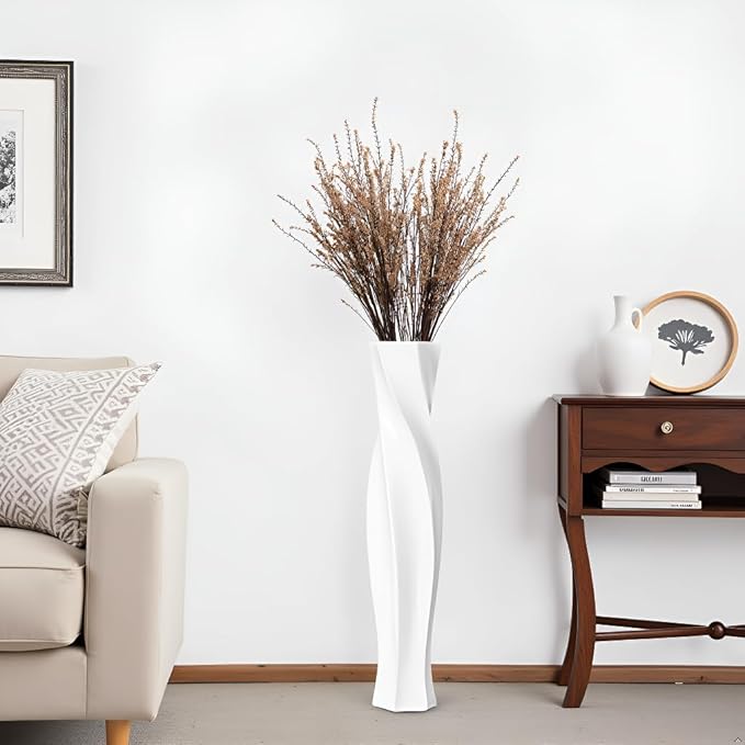 Tall Vases - 23.6" Tall Floor Vase for Home Decor, Floor Vases, Black Hexagon Twist Floor Vase, Fits Into Hay/Pampas Grass, Living Room, Office, Wedding Decor (White)