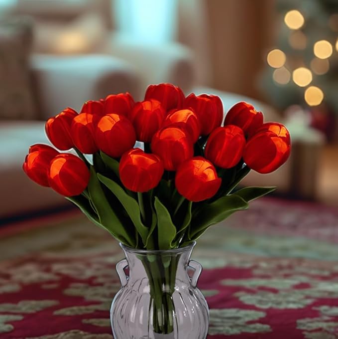 LED Lighted Artificial Tulip Lamp, Real Touch Tulip Flowers, 15 Inch Faux Tulip Bouquet with Battery Operated Lights for Gifts, Christmas,Holiday,Home Kitchedn Wedding Decor (Red)