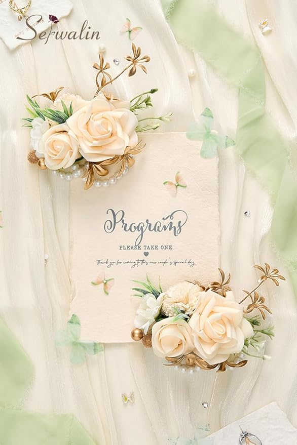 Serwalin 2 Pcs Champagne Wrist Corsage for Wedding, Corsages Wristlet for Bridesmaid Mother Grandmother, Artificial Flowers for Prom Ceremony Anniversary