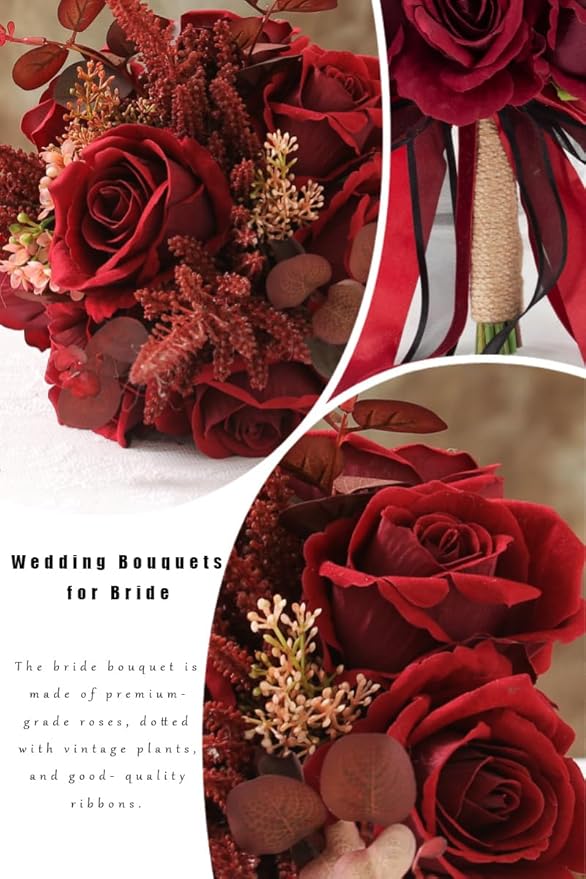 Dark Burgundy Wedding Bouquets for Bride Bridesmaids, Bridal Bouquet for Wedding Silk Artificial Flowers