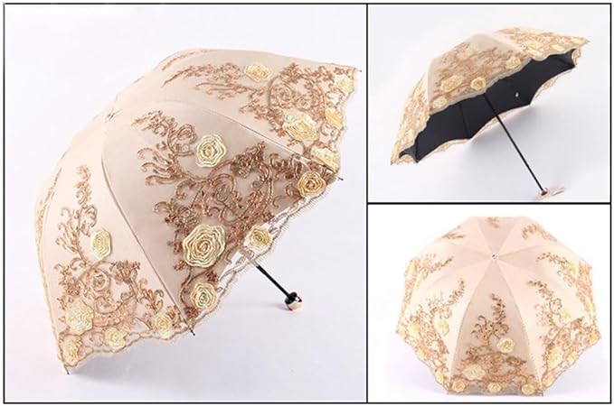 Katutude Vintage Lace Umbrella Floral Lace Parasol Wedding Bridal Umbrella Compact Lightweight Windproof Folding Umbrella UV Protection Sun Umbrella Portable Umbrella with Storage Bag