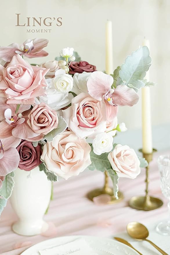 Ling's moment Dusty Rose Artificial Flowers 16pcs Faux Silk Roses with Stems Real Look, 3.5" Fake Vendela Roses Bulk for DIY Wedding Bouquets Centerpieces Party Baby Shower Home Decoration