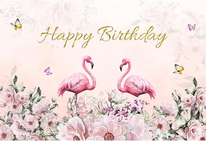 Renaiss 5x3ft Happy Birthday Backdrop Pink Flamingo Theme Birthday Party Photography Background for Girls Daughter Flower Butterfly Cake Table Banner Decor Studio Portrait Pink Photo Props