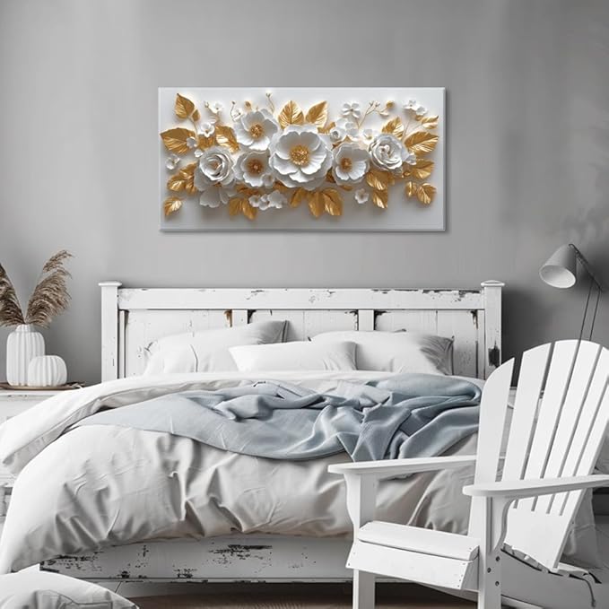 IDAFU Flower Wall Art White Foral and Golden Leaves Wall-décor White Wall Art Floral Painting Pictures for Living Room Bathroom Bedroom Kitchen Office Cuadros Decorativos Para Sala Decor 40L x 20W