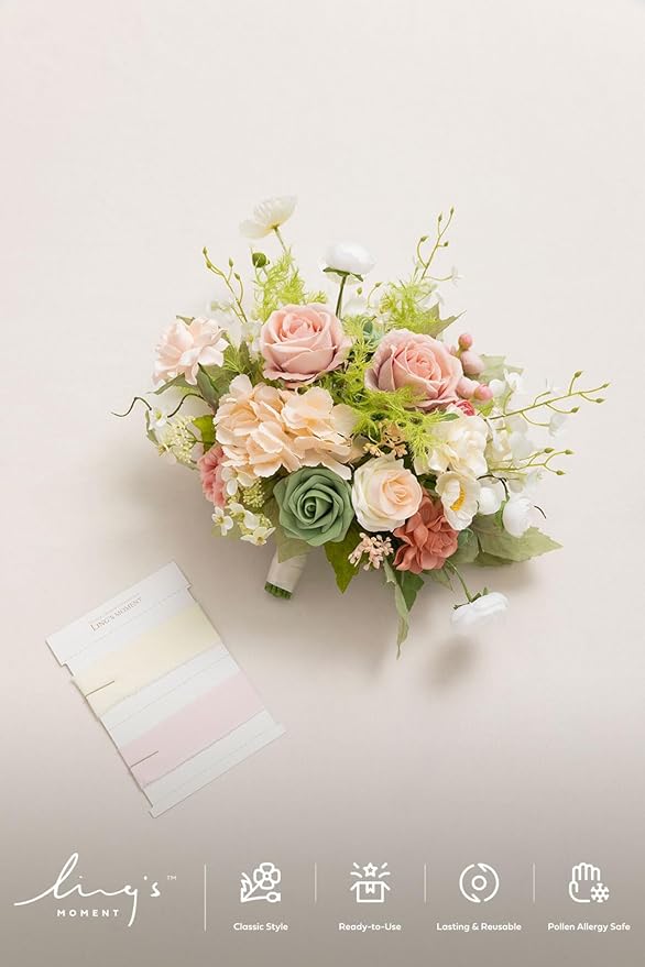 Ling's moment Coral Pink Wedding Bouquets for Bride, Blush Garden Bridal Bouquets for Bride, 13 Inch Free Form Artificial Wedding Flower Bouquet