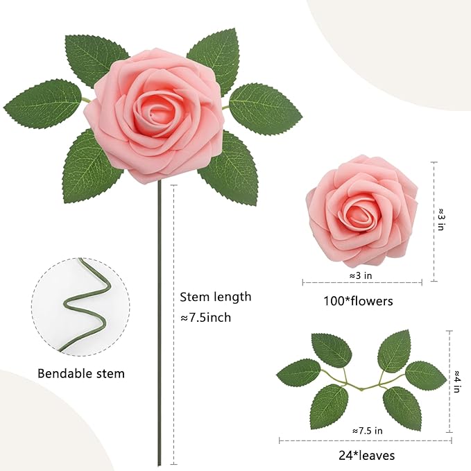 100PCS Artificial Flowers Pink Roses Real Looking Foam Fake Roses with Leaves and for DIY Wedding Bouquets Bridal Shower Centerpieces Party Decorations (Pink, 100)