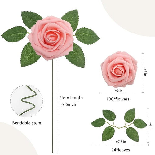 100PCS Artificial Flowers Pink Roses Real Looking Foam Fake Roses with Leaves and for DIY Wedding Bouquets Bridal Shower Centerpieces Party Decorations (Pink, 100)