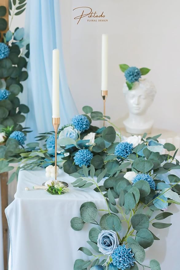 Artificial Wedding Cake Flowers Dahlia Flowers 25 pcs Fake Roses w/Stem for DIY Wedding Decor Centerpieces Arrangements Bouquets (Light Grayish Blue)