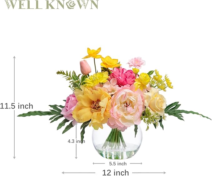Artificial Flowers Centerpieces in Glass Vase with Fake Water, Silk Rose Peony & Fake PU Tulips Bouquet with Vase for Birthday Party Wedding Dinning Table Office Hotel Decor (Yellow & Hot Pink Plus)