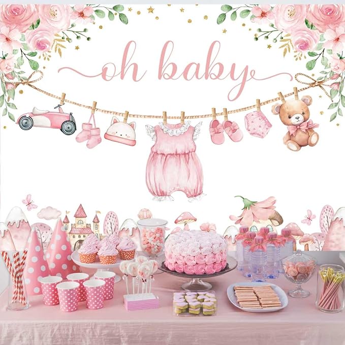 Sensfun Cute Clothes Baby Shower Backdrop for Girls Oh Baby Girl Newborn Pink Floral Eucalyptus Leaves Adventure Baby Shower Party Decorations Banner Supplies Photo Booth Studio Props 8x6ft