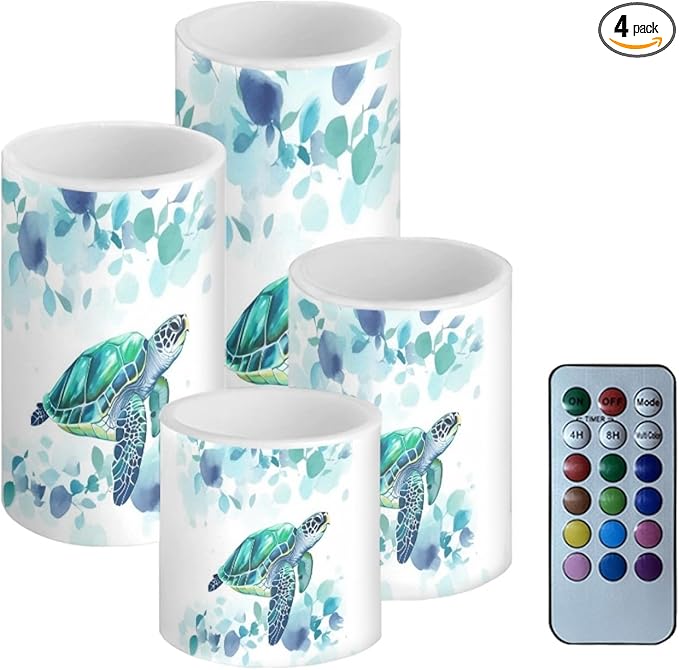 Flameless LED Candles Electric Candle Set with Remote Timer Color Changing Control Long Lasting for Table Centerpiece Home Indoor Decoration Pack of 4, Blue Sea Turtle