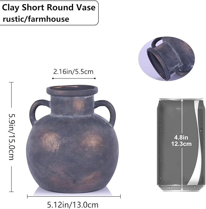 5.9in Rustic Ceramic Farmhouse Flower Small Vase, Black Terracotta Pottery Decorative Vases Distressed, Round Vases with Handles for Home Wabi Sabi Coffee Table Entryway Decor or Kitchen Utensils