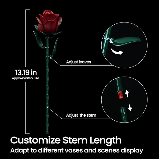 iATOM Burgundy Red Rose Bouquet Building Set, Artificial Flowers Botanical Collection Kit for Adults Women, Gift for Christmas and Valentines Day - Gothic Home Office Table Centerpiece Decor - IA11016