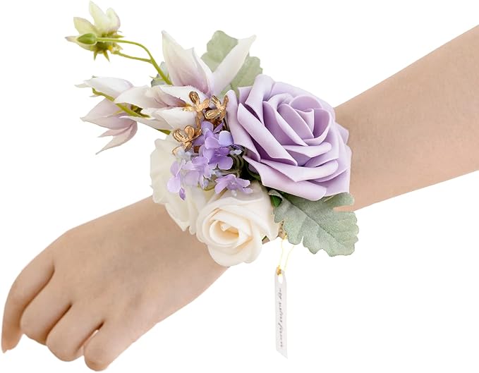 Ling's moment 6pcs Wedding Wrist Corsage Artificial Flowers, Girl/Mother Homecoming Prom Corsages Wristlet Décor, etc. Lilac Lavender Purple