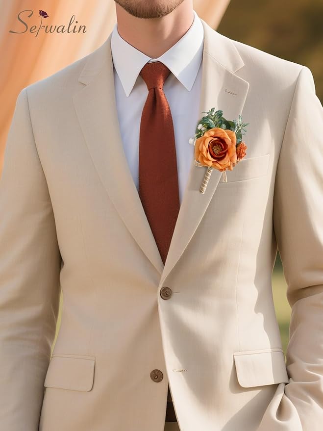 Serwalin 6PCS Orange Rose Boutonniere for Men Wedding Groom Groomsmen Best Man Boutonniere for Wedding Ceremony Anniversary Prom Flowers Formal Dinner Party, Orange