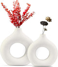 White Ceramic Vase Set of 2, Modern Vases for Centerpieces, Round Matte Donut Vase for Fresh Cut Flowers, Living Room, Console Table, and Spring Decor