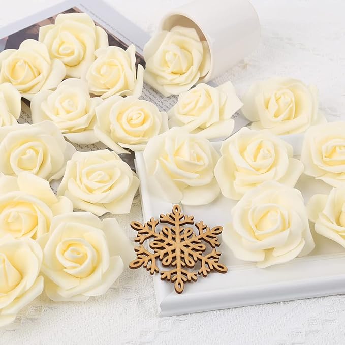 Artificial Rose Flower Heads, 100pcs Cream Yellow Roses Artificial Flower Foam Rose for DIY Wedding Bouquets Centerpieces Arrangements Party Baby Shower Home Decor (Stemless,Cream Yellow)