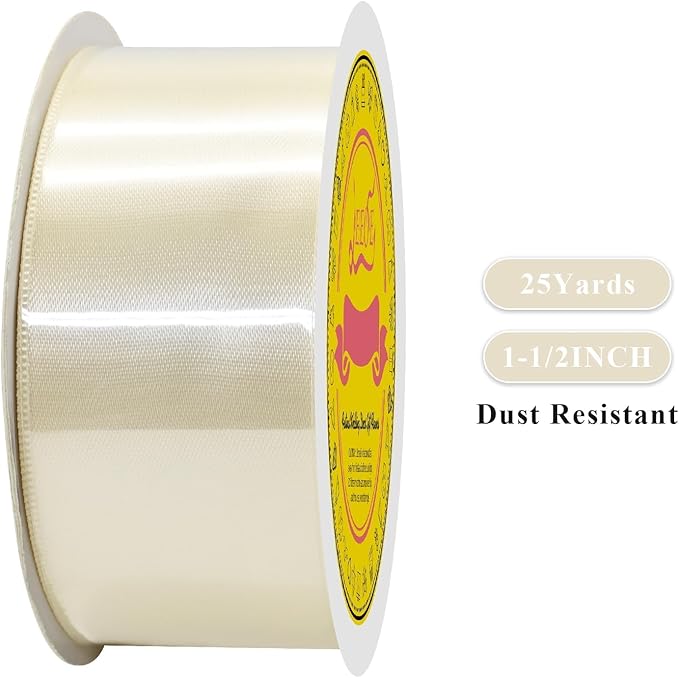 Double Face Ivory Satin Ribbon 1-1/2 inch X 25 Yards Polyester Ivory Ribbon for Gift Wrapping Very Suitable for Weddings Party Hair Bow Invitation Decorations and More