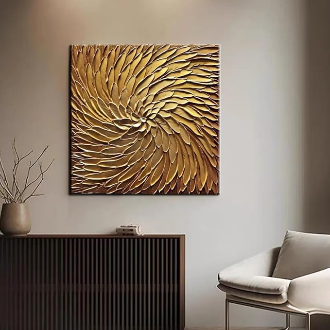 Abstract Art Oil Paintings on Canvas metal golden Gradient color Abstract Artwork Modern Home Decor Canvas Wall Art Ready to Hang for Living Room Bedroom 24x24inch