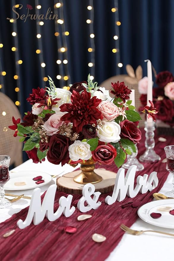 Serwalin Artificial Flowers, Burgundy Pink Flowers Fake Silk Flowers for DIY Wedding Bridal Bouquets, Wedding Cake Flowers for Table Centerpieces Bridal Shower Birthday Party Home Fall Decor