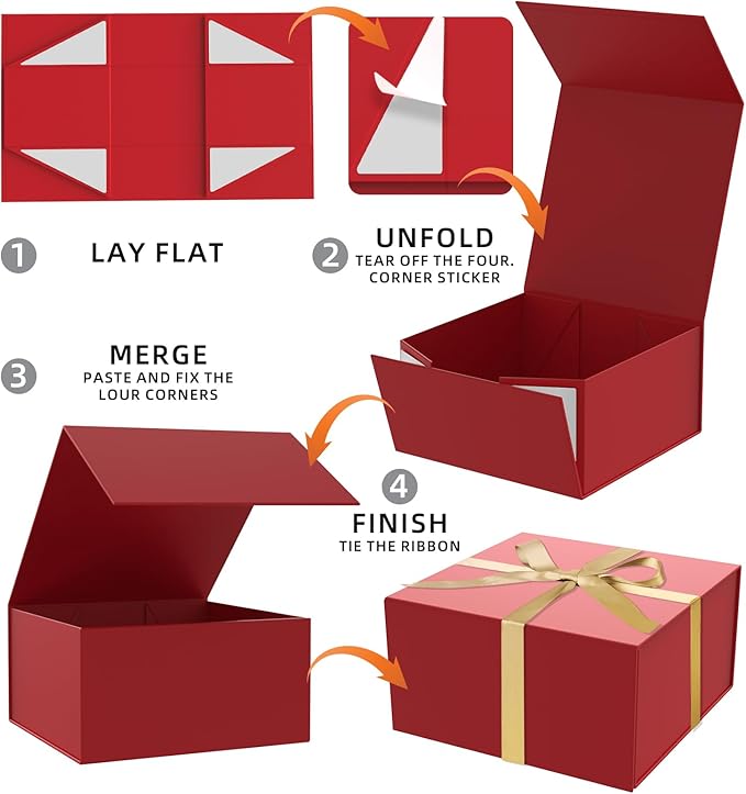 Gift Box 8x8x4 Inch with Magnetic Closure Lid Red Gift Boxes For Presents,Bridesmaid Gifts Box,Birthday Gift box,Luxury for Gift Packaging, Magnetic Gift Box for Wrapping Gifts(Red)
