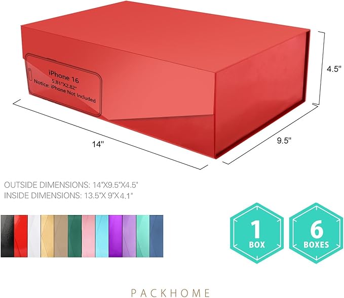 PACKHOME 6 Large Christmas Gift Boxes with Lids 13.5x9x4.1 Inches, Sturdy Collapsible Gift Boxes with Magnetic Closure for Xmas (Glossy Red)