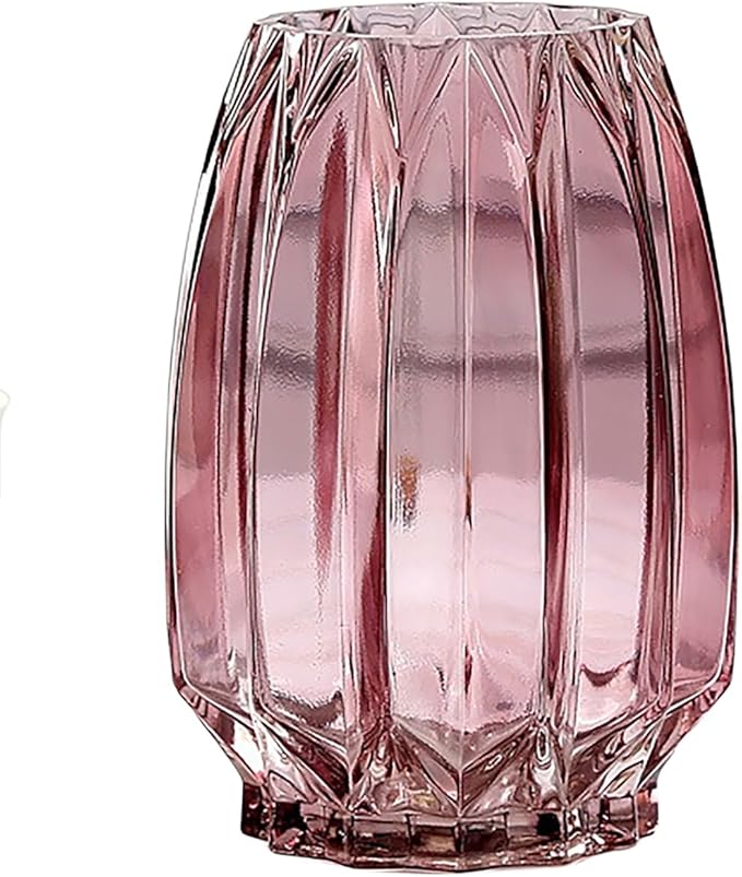 Pink Glass Vase Modern Ribbed Vase for Flowers, Candles, and Decorative Accents - Tall/Short Vases for Centerpieces Home Table Decor(Purple Pink H8.0inch)