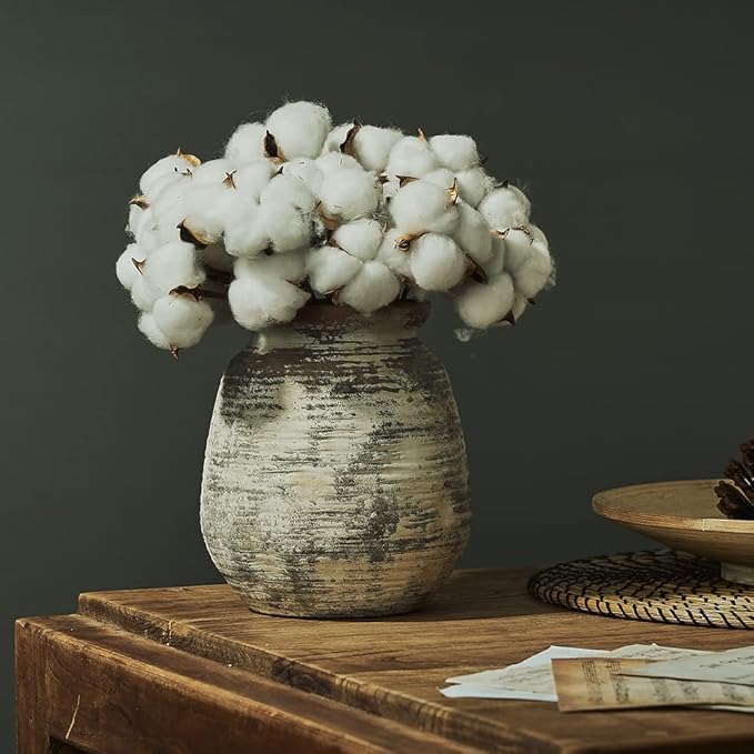 SIDUCAL Ceramic Rustic Vase, Whitewashed Terra Cotta Vase, Distressed Farmhouse Décor, Pottery Decorative Flower for Home Decor, Table, Living Room Decor, Shelf, Mantel, 7.3 Inch, Terra