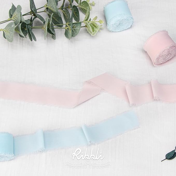 Ribbli Ice Blue Chiffon Silk Ribbon, 1-1/2 inch x 20 Yard, Handmade Fringe, Wedding Invitations, Bridal Bouquets, Home Decor