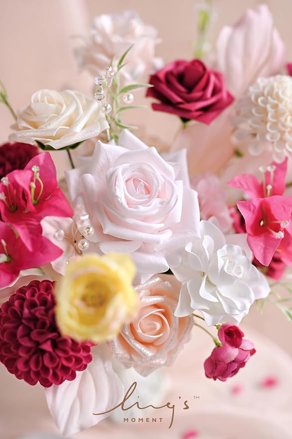Ling's moment Artificial Flowers 25Pcs Hot Pink Roses Decor w/Stems,3" Real Touch DIY Foam Floral for Wedding Bouquet/Centerpieces, Outdoors Party Backdrop, Room/Table, and Garden/Pot Decorations