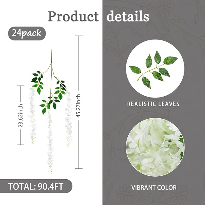 24 Pack White Wisteria Hanging Flowers Garland, 3.77 Feet Artificial Flower Vines, Fake Wisteria, Artificial Vines Hanging Garland for Backdrop Outdoor Yard Garden Decor