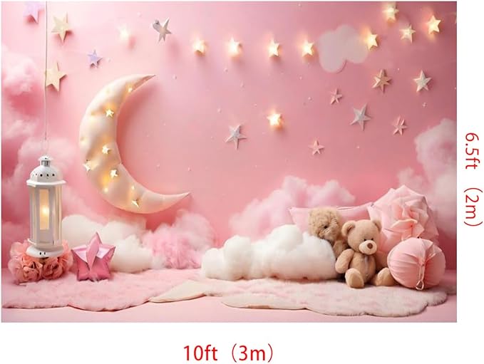 10x6.5ft Pink Cotton Cloud Backdrop Pink Flowers Moon and Stars Light Decor Cute Teddy Photography Background Children Baby Shower Backdrops for Shoot Photo Video Prop
