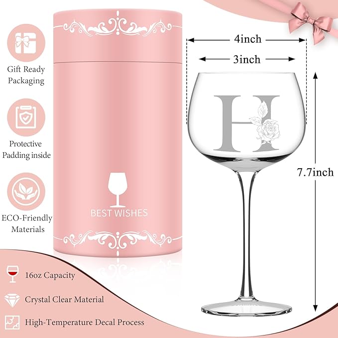Personalized Gifts for Women, Monogrammed A-Z Wine Glass Customized Gift, Unique Christmas Birthday Gifts for Women Her Mom Friend Sister Wife Daughter Nurse (H)