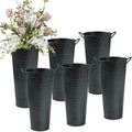 9 Inch Galvanized Metal Vases for Flowers - 6 Pcs Farmhouse Decorative Tall Flower Bucket with Handles, Rustic French Tin Planter Buckets for Wedding Decor (Galvanized Black)