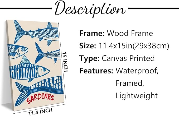 Vintage Fish Sardine Decor Beach House Wall Decor Canvas Wall Art Framed Art Prints Artwork Posters for Home Living Room Kitchen Dining Room Office Wall Decorations Paintings Pictures 11.5X14.5 Inch