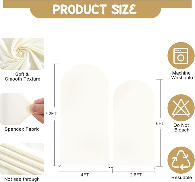 Ivory Arch Backdrop Covers - 7.2FT, 6FT Spandex Fitted Wedding Arch Stand Covers Round Top Chiara Arch Backdrop Cover for Wedding Birthday Party Decoration