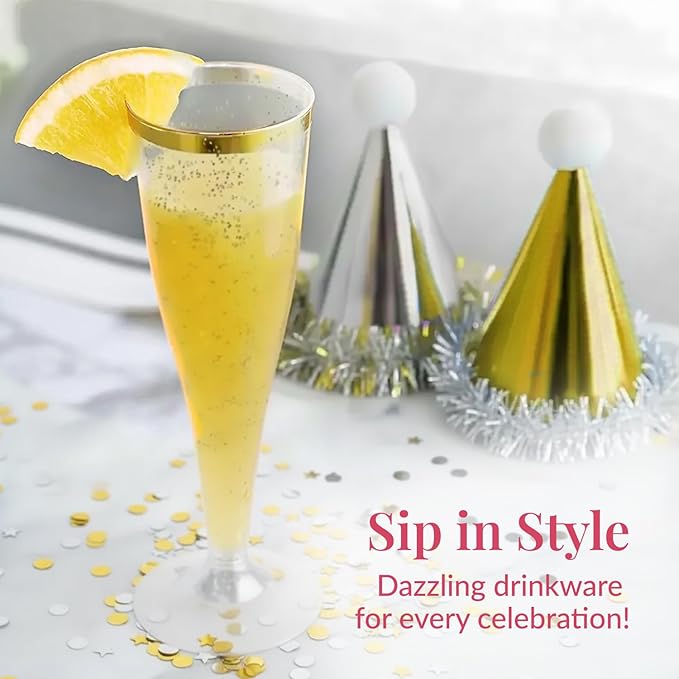 Prestee 48 Disposable Plastic Champagne Flutes with Gold Rim Glitter - Clear Toasting Glasses for Mimosa, New Year’s Eve Party, and Elegant Celebrations - Premium Quality Disposable Stemware