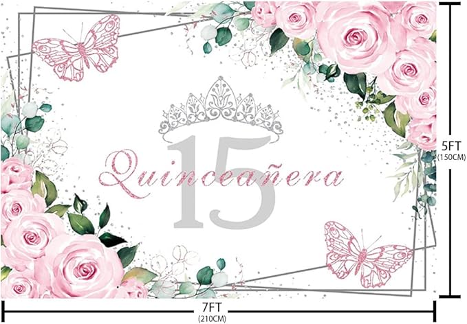 Sendy 7x5ft Quinceañera Backdrop Mis Quince 15 Anos Birthday Party Decorations Supplies for Girl Princess Pink Floral Butterfly Silver Crown Photography Background Banner Photo Booth Studio Props