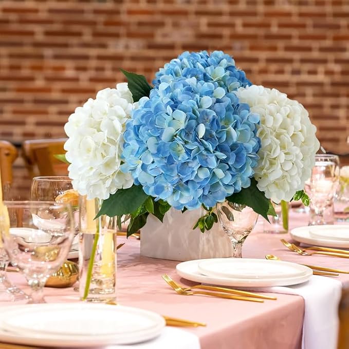Silk Flowers Hydrangea Artificial Flowers, 4Pcs 22Inch Large Lifelike Faux Flowers, Full Fake Artificial Hydrangeas with Stems for Bouquet Table Centerpieces Home Decoration (White/Blue)