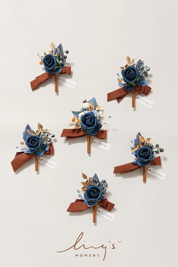 Ling's moment Boutonniere for Men, 6pcs Groom Groomsmen Boutonniere, Artificial Flowers for Wedding Decor/Prom/Homecoming, etc.Burnt Orange Navy Blue