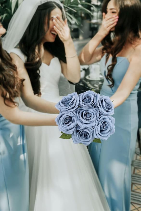 Artificial Rose Flower Dusty Blue Flowers Dusty Blue Roses Silk Flowers 30 pcs with Long Stem Silk Roses Bouquet for Wedding Bridal Shower Party Home Decoration