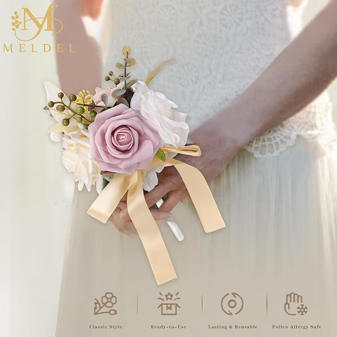 Meldel Set of 6 Wedding Flowers Fake Rose Mini Bridesmaid Bride Bouquets Dusty Pink Ivory Small Floral Wedding Centerpieces Decor Artificial Flower Arrangements for Tables Home Party Decorations