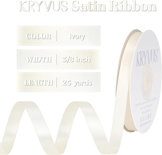 Ivory Satin Ribbon, Double Faced 3/8 Inch X 25 Yards Ivory Ribbon, Premium Satin Ribbon for Gift Wrapping, Crafts, Hair Bow Making, Sewing, Flower Bouquet, Wedding Party Decor