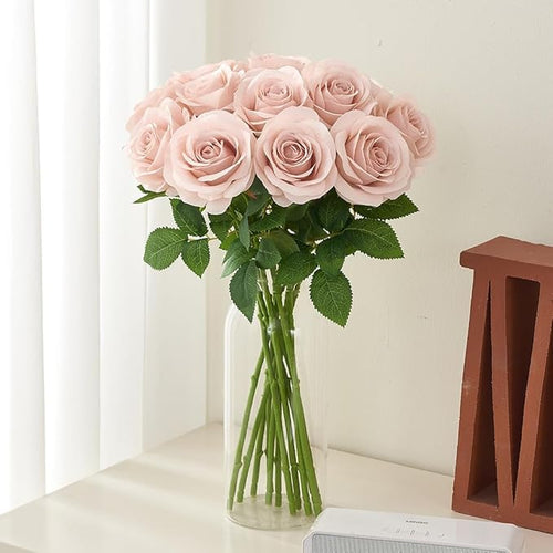 12pcs Roses Artificial Flowers Fake Roses Dusty Pink Silk Roses White Silk Flowers Rose with Long Stems for Wedding Home Party Centerpieces Decorations