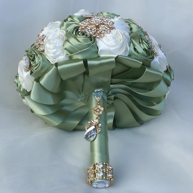 Handmade Satin Rose Floral Bling Pearl Decor Bridal Wedding Bouquet Rhinestone Pendant Artificial Brooch Flowers for Bride Bridesmaid Quinceanera