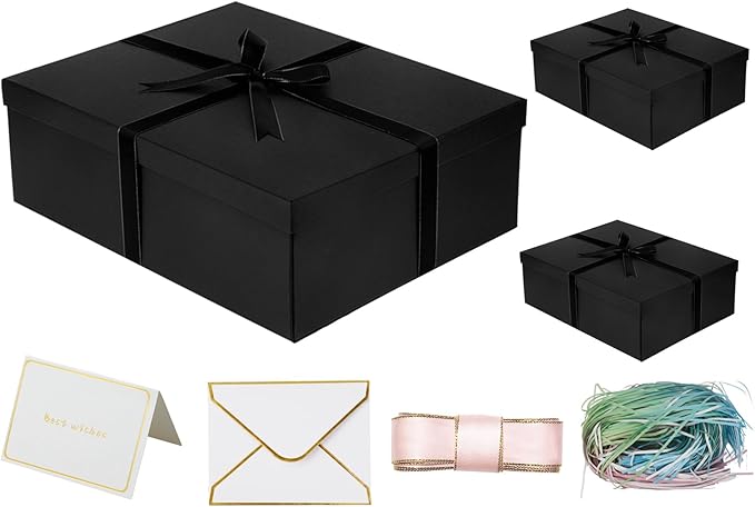 YINUOYOUJIA 3 Pack Large Black Gift Box 16.5x13x5.5 inches,Black Boxes with Lids for Presents,Birthday,Valentine's Day,Mother's Day,Christmas,Anniversary.