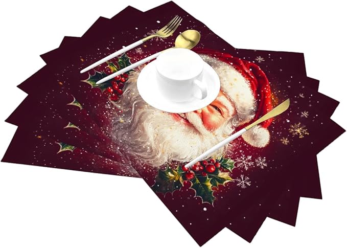 PVC Placemats Set of 1 Wipeable Table Mats Washable Heat Resistant Non Slip Vinyl Dining Table Mat for Kitchen Indoor Outdoor Patio Farmhouse Place Mats Santa Claus Red Xmas Decorative