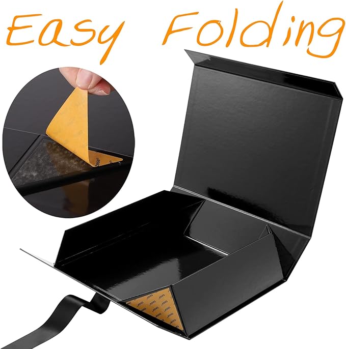 GREEN BEAN Large Gift Box with Lid for Present 13x9.7x3.4 Inches, Fathers Day Black Magnetic Luxury Gift Box with Ribbon, Groomsmen Proposal Box (Glossy Black)